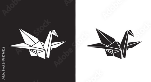 Minimalist Geometric Origami Crane Vector Icon Set Black and White