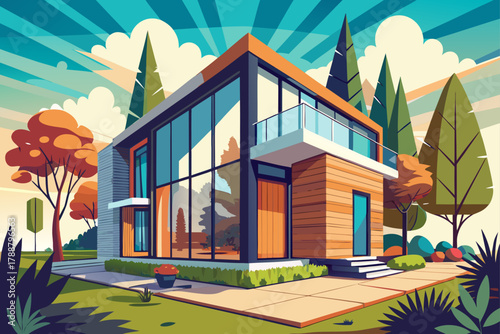 Modern modular home exterior design that showcases contemporary architecture, minimalist facade, sustainable building materials, innovative residential construction style, and stylish prefab home conc