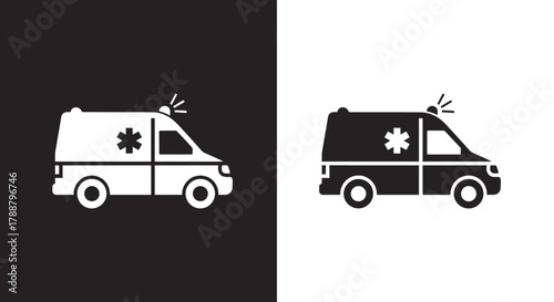Minimalist Ambulance Icon Vector with Medical Symbol in Black and White