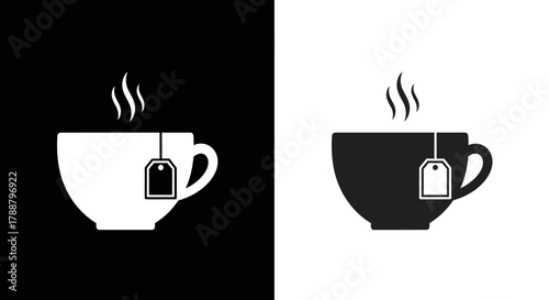 Minimalist Teacup Icon Set Vector with Hot Tea Symbol in Black and White