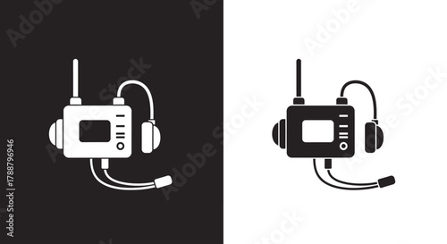 Flat Communication Transceiver Vector Icon with Headset and Mic in Black and White
