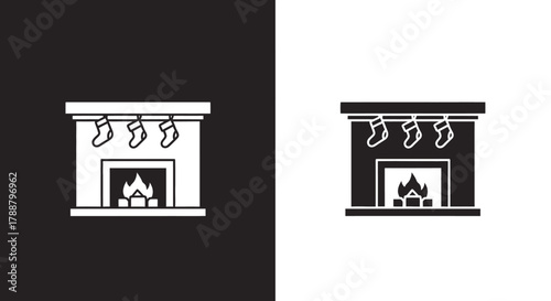 Black and white Christmas fireplace icon with hanging stockings and a warm fire.