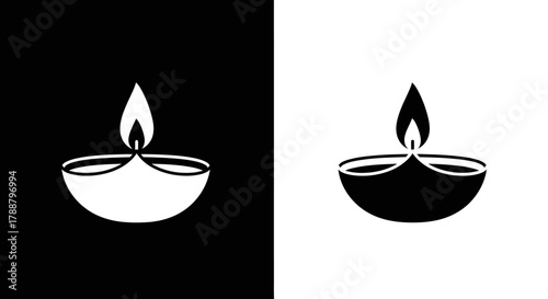 Minimalist Diya Oil Lamp Vector Icon Set in Black and White
