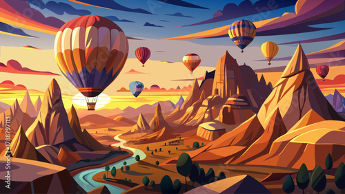 Majestic hot air balloons drifting over the rocky valleys of Cappadocia at sunrise, bathed in golden light. A breathtaking travel scene symbolizing freedom, adventure, and inspiration