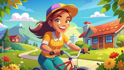 Very beautiful illustration of a young girl riding a bicycle outdoors, playful and joyful, wearing casual clothes, sunny day, realistic and charming scenery.