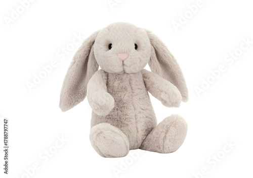 A soft light grey plush bunny rabbit toy with long floppy ears sitting upright.