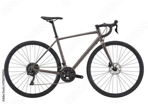 Gray road bicycle with drop handlebars and disc brakes.