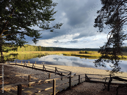 Fall landscape scenery in Roztocze National Park. Beautiful sunset at lake, Poland	