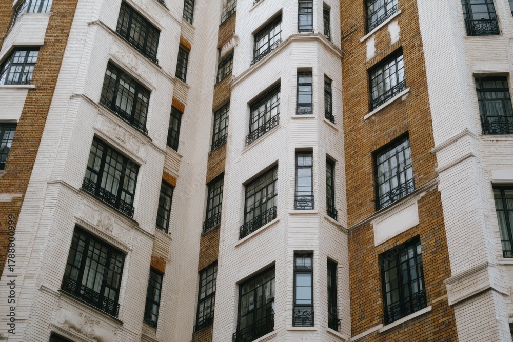 Naklejka premium Urban architectural detail showcasing a vintage building with a mix of brick and white facade, emphasizing the intricate window designs in a city environment