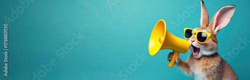 Cool bunny rabbit wears yellow sunglasses, holds bright yellow megaphone. Bunny shouts urgent message makes big announcement on vibrant blue background. Funny animal character for sales promotion, © Vadym