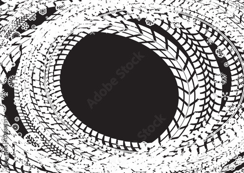 Winter tires on snowy background with falling snowflakes. Vector illustration for tire services.