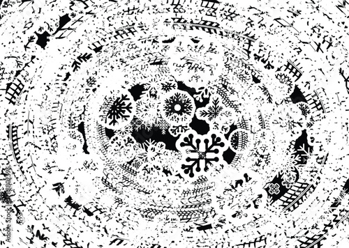 Winter tires on snowy background with falling snowflakes. Vector illustration for tire services.