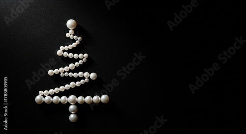 Christmas tree, made of white pearls on black baclground and ray of light from the side. Banner or greeting card for customers of jewelry store. New Year celebration