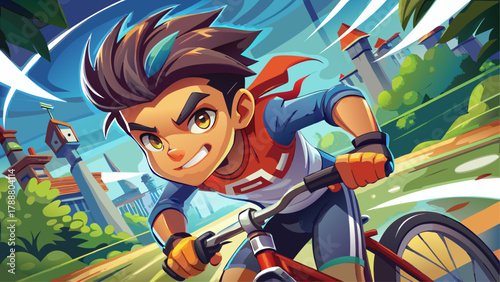 Very beautiful close-up of a boy riding a bicycle outdoors, energetic and focused, wearing sporty clothes, dynamic motion, realistic urban or park environment.