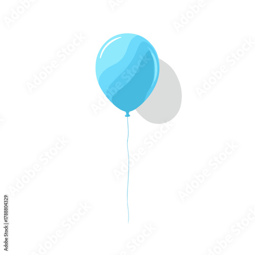 Blue helium balloon floating with string and shadow isolated on white background