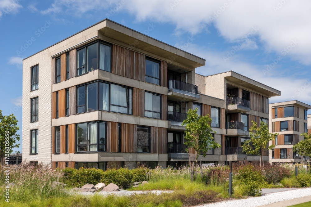 Fototapeta premium Modern apartment buildings showcase contemporary architecture in a tranquil urban setting with lush landscaping and clear blue skies during daylight
