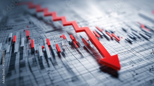 Dramatic red arrow plunges downward, illustrating financial loss and market decline in a volatile economic climate with stunning visual impact