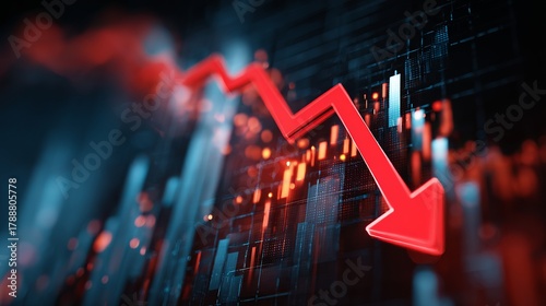 Dramatic red arrow plummeting against a stock market backdrop signals economic downturn and financial loss for investment firms and global markets