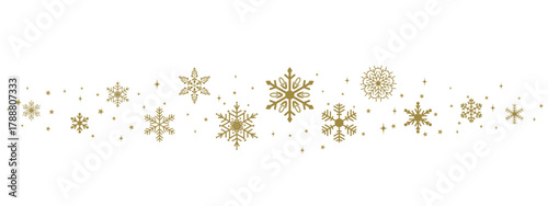Golden snowflake border with shiny decorative elements, elegant festive winter divider of metallic snowflakes and stars for Christmas or New Year design