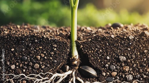 Macro time-lapse of seed sprouting in cross-section of soil. Seedling's green stem uncurls and pushes upwards, while its root system expands underground. Leaves open with dew drops. New life.
