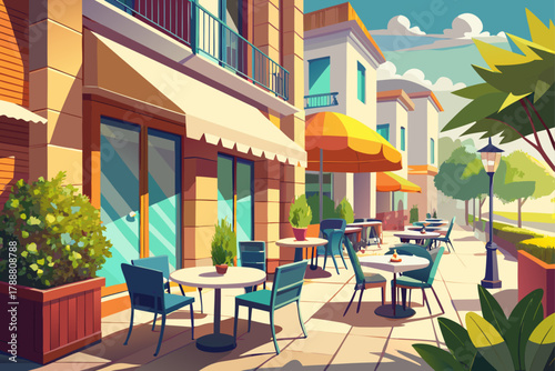 Empty outdoor cafe terrace with modern table and chairs in sunlight, cozy patio urban restaurant scene, relaxing coffee house, and contemporary urban lifestyle concept.