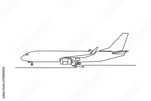 White Airplane Or Airliner Side View. Landing and take off plane concept. Single line draw design. Vector graphic illustration