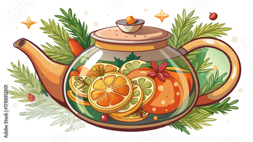 Elegant glass teapot filled with citrus slices, berries, and herbal tea, decorated with pine branches and cinnamon sticks. Isolated on transparent background, perfect festive winter drink concept