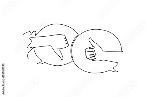 two hands with like and dislike gestures. Social media communication and discussion. Online feedback. Product rating concept. Single line draw design. Vector graphic illustration