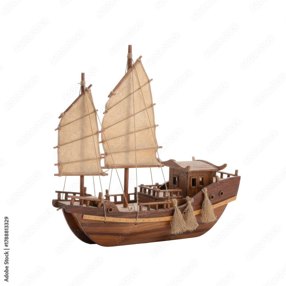 Naklejka premium Exquisite Miniature Junk Model, A Nostalgic Journey Through Maritime History