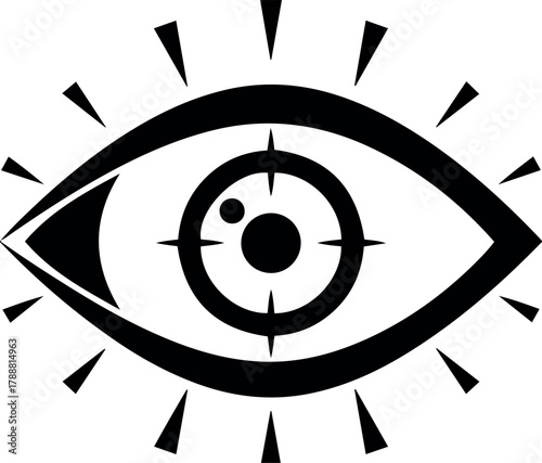 Teamwork editable vector icon stylized eye with crosshairs over the pupil and radiating lines in a black and white design