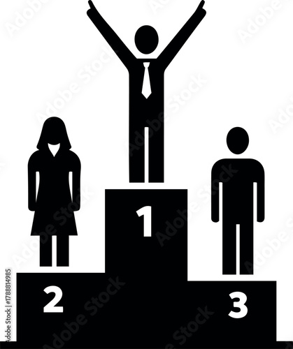 Teamwork editable vector icon illustration of three figures on a winners podium with numbers one two and three in black
