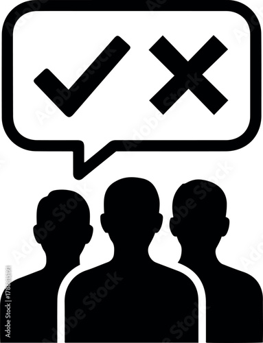 Teamwork editable vector icon illustration of three people with a speech bubble containing a check and an x symbol above them