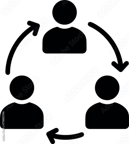 Teamwork editable vector icon illustration of three people connected by arrows, forming a circular network or relationship