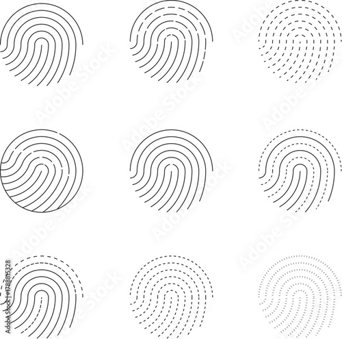 A simple, minimalist set of nine line-art fingerprint icons. Perfect for security, identity, and biometric technology design