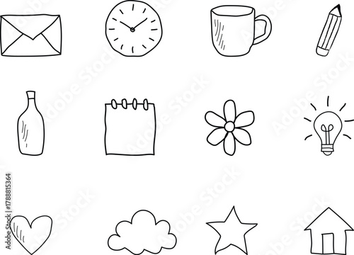 A charming set of hand-drawn doodle icons featuring everyday objects like a clock, mail, pencil, home, and lightbulb in line art