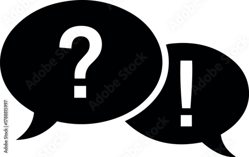 Vector two speech bubbles showing a question mark and an exclamation point in black and white design