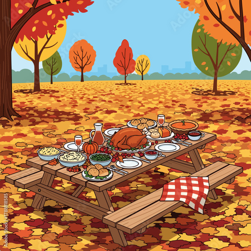 Vibrant Autumn Picnic Feast Illustration with Roasted Turkey, Fall Leaves, and Seasonal Dishes in Park