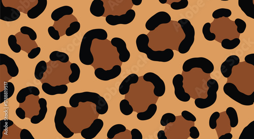 Flat vector seamless leopard skin pattern with organic rounded rosette spots on warm tan background. Solid bold colors, clean minimal shapes, no gradients. Perfect for textiles and surface design