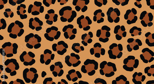 Flat vector seamless leopard skin pattern with organic rounded rosette spots on warm tan background. Solid bold colors, clean minimal shapes, no gradients. Perfect for textiles and surface design