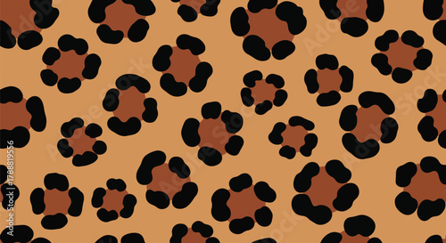 Flat vector seamless leopard skin pattern with organic rounded rosette spots on warm tan background. Solid bold colors, clean minimal shapes, no gradients. Perfect for textiles and surface design