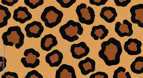 Flat vector seamless leopard skin pattern with organic rounded rosette spots on warm tan background. Solid bold colors, clean minimal shapes, no gradients. Perfect for textiles and surface design