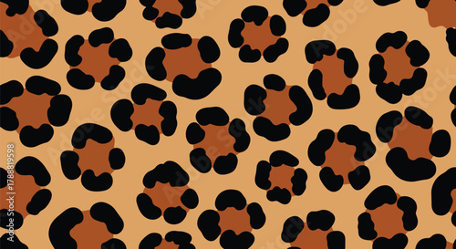 Flat vector seamless leopard skin pattern with organic rounded rosette spots on warm tan background. Solid bold colors, clean minimal shapes, no gradients. Perfect for textiles and surface design