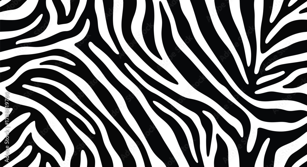 Fototapeta premium Flat vector seamless zebra pattern with high-contrast black and white curved stripe shapes. Solid fills, clean geometry, no gradients. Perfect for fashion prints and surface packaging