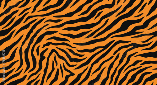 Flat vector seamless tiger stripe pattern using long flowing stripes in bold contrast. Solid warm orange and black colors, clean minimal shapes, no gradients. Ideal for textile and branding