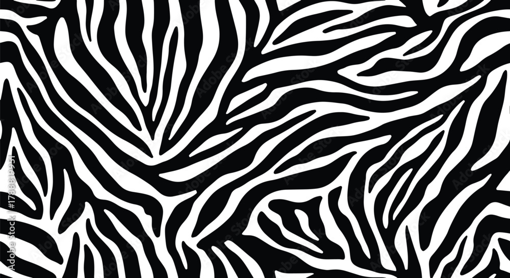 Naklejka premium Flat vector seamless zebra pattern with high-contrast black and white curved stripe shapes. Solid fills, clean geometry, no gradients. Perfect for fashion prints and surface packaging
