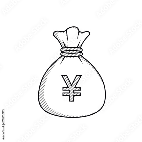Minimalist black outline vector icon of a money bag with a yen symbol, representing finance, savings