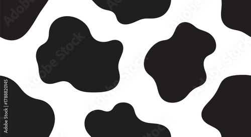 Flat vector cow skin pattern with large smooth shapes, bold black patches on white base. Solid colors, simple abstract pattern, no gradients, seamless repeat. Great for playful branding