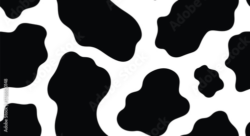 Flat vector cow skin pattern with large smooth shapes, bold black patches on white base. Solid colors, simple abstract pattern, no gradients, seamless repeat. Great for playful branding
