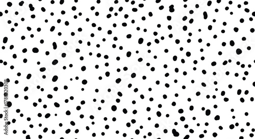Flat vector dalmatian pattern with scattered soft round spots in irregular spacing. Solid black on white, clean minimal look, seamless repeat, no gradients. Perfect for cute packaging
