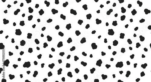 Flat vector dalmatian pattern with scattered soft round spots in irregular spacing. Solid black on white, clean minimal look, seamless repeat, no gradients. Perfect for cute packaging